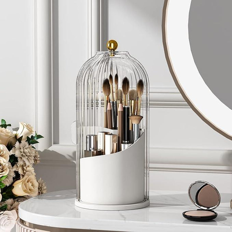 Tiktok Viral Bathroom Organizer with Sliding Lid Christmas Gift Idea,Rotating Toothbrush Holder with Sliding Lid 3 Slots,Bathroom Counter Organizer for Makeup Brushes and Toothbrush,No-Drill Bathroom Storage,Water-Resistant Organizer,White