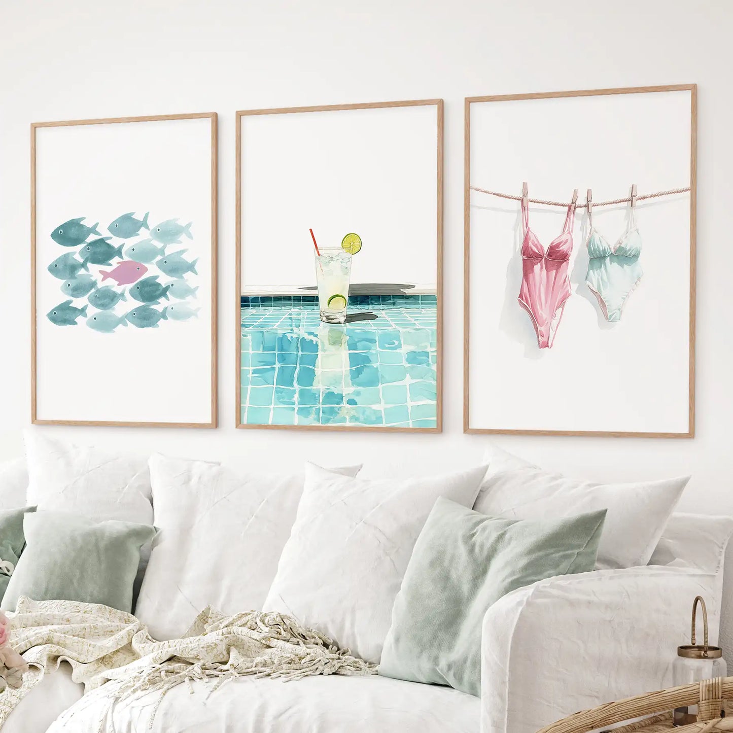 Summer Wall Art Set of 3. Poolside Party Watercolor Prints