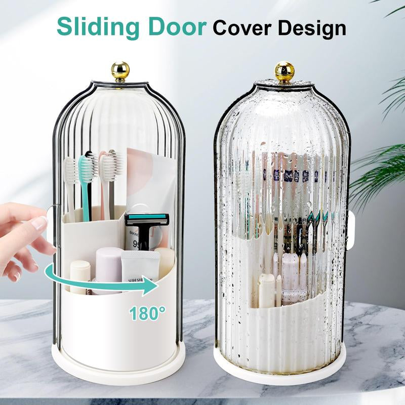 Tiktok Viral Bathroom Organizer with Sliding Lid Christmas Gift Idea,Rotating Toothbrush Holder with Sliding Lid 3 Slots,Bathroom Counter Organizer for Makeup Brushes and Toothbrush,No-Drill Bathroom Storage,Water-Resistant Organizer,White