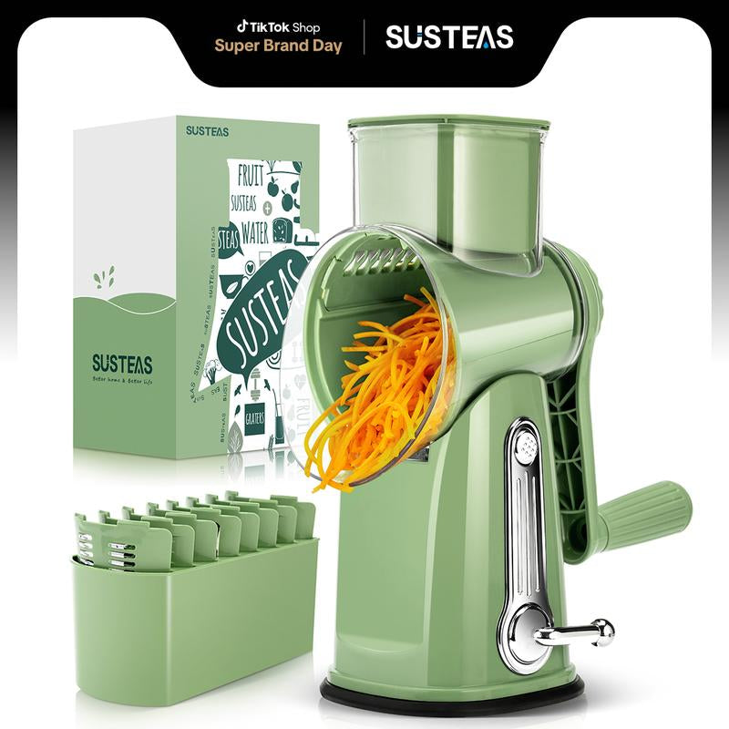SUSTEAS Rotary Cheese Grater with Handle, 5 Well-Designed Blades, Strong Suction Cup Base, Kitchen Utensils