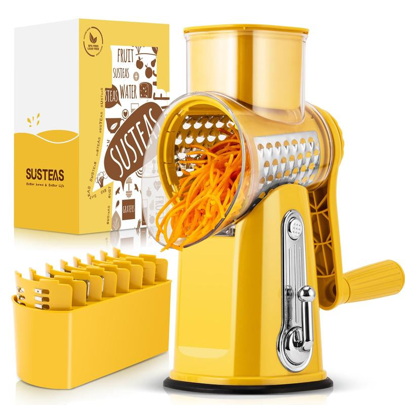 SUSTEAS Rotary Cheese Grater with Handle, 5 Well-Designed Blades, Strong Suction Cup Base, Kitchen Utensils