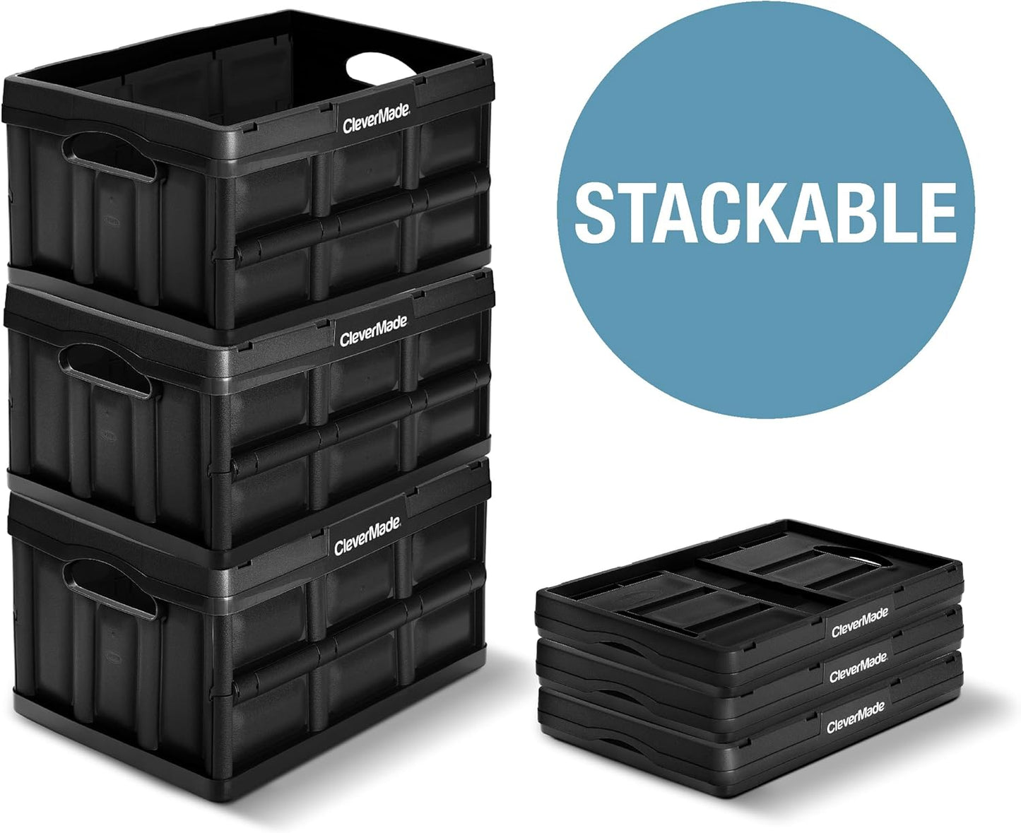 Collapsible Storage Bins - Black 3 Pack 32L - Stackable Containers Heavy Duty Capacity Folding Crates - Space-Saving for Home