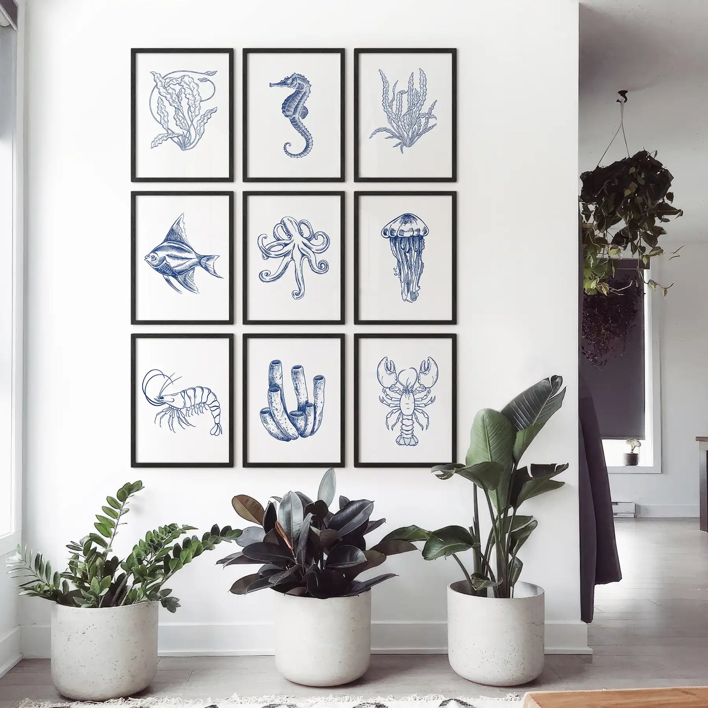 Coastal Nautical Set of 9. Navy Blue Sea Life Prints