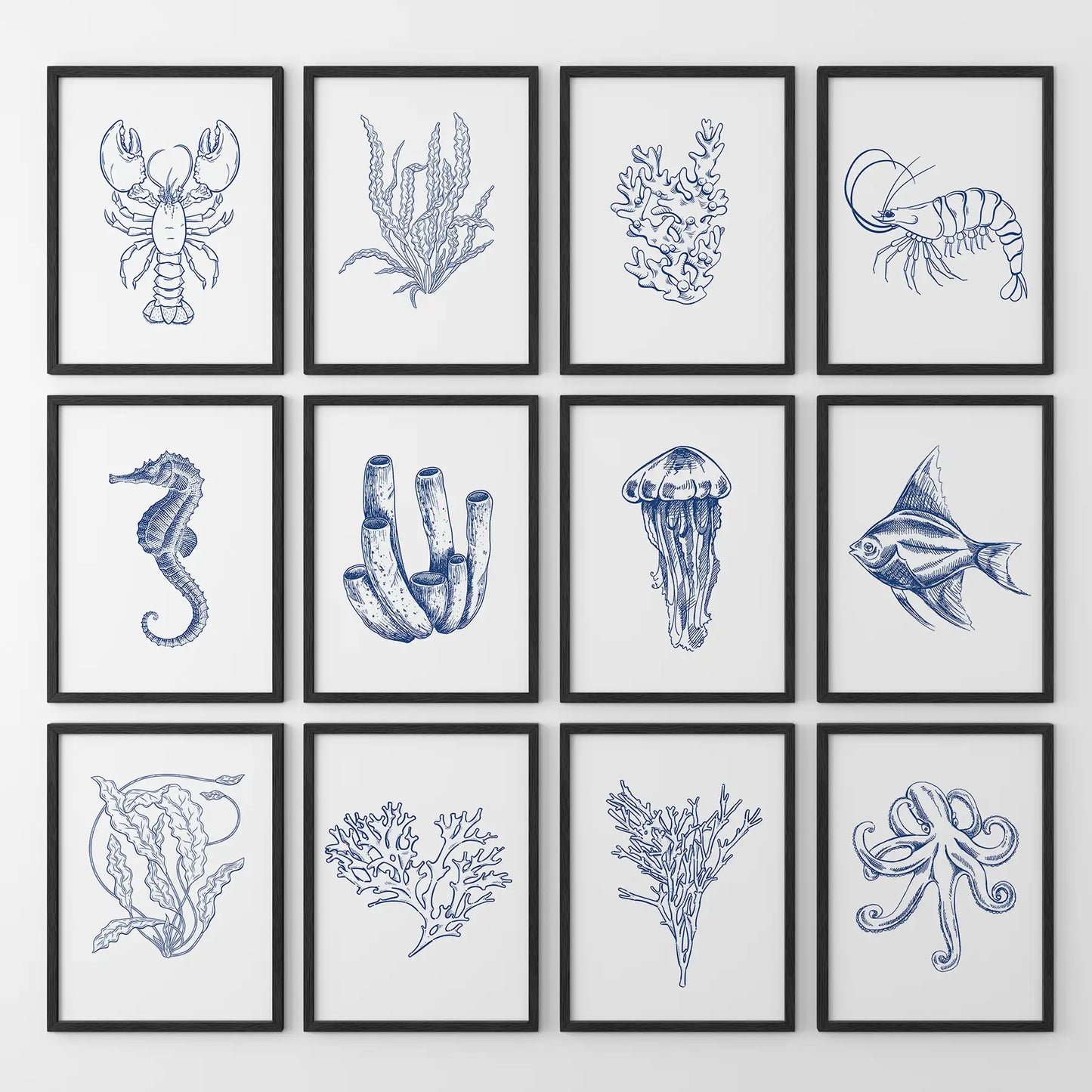 Nautical Modern Marine Life Wall Art. Navy Blue Set of 12