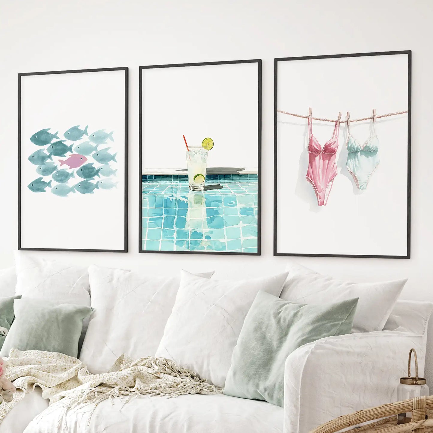 Summer Wall Art Set of 3. Poolside Party Watercolor Prints