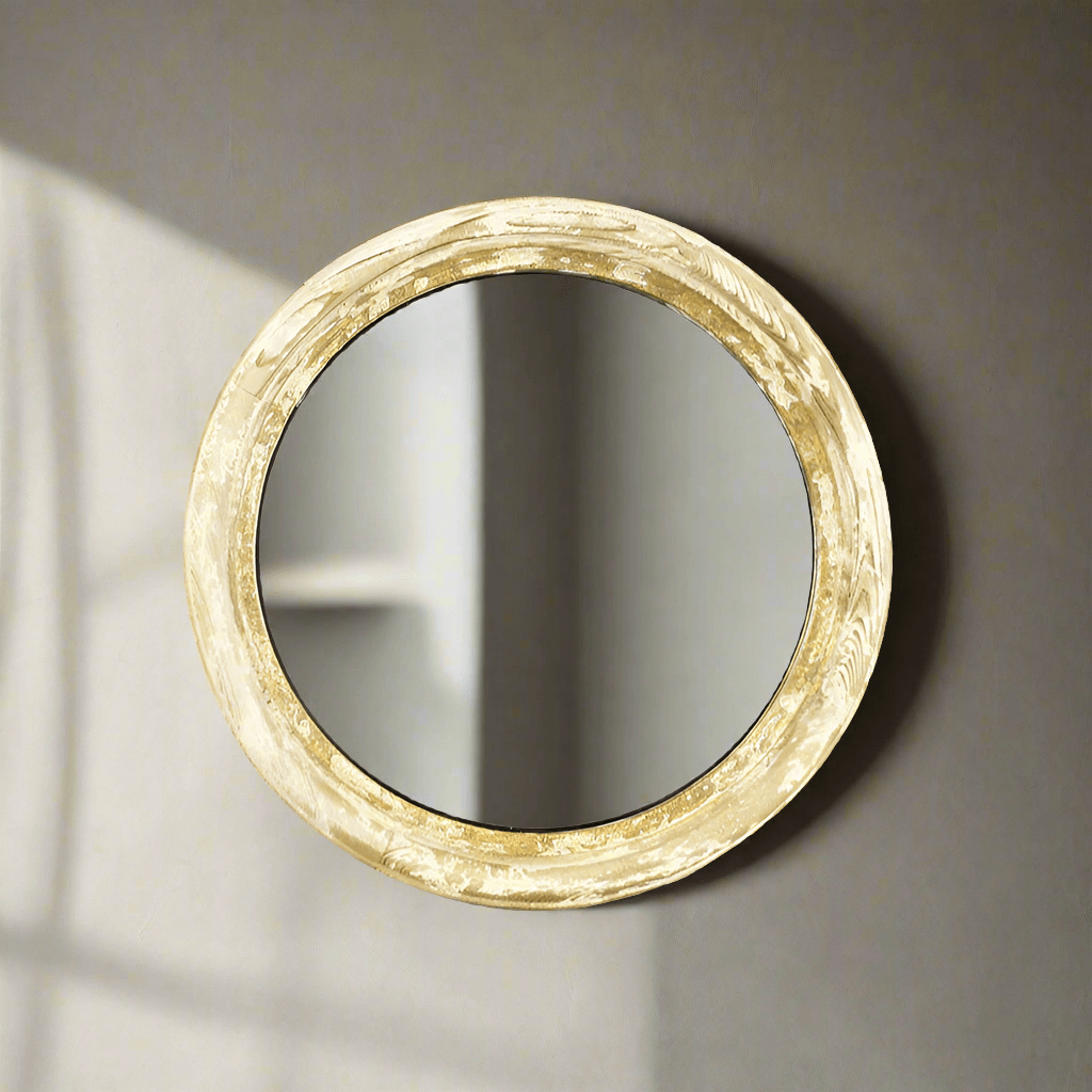 Round Distressed Wood Vintage Wall Mirror