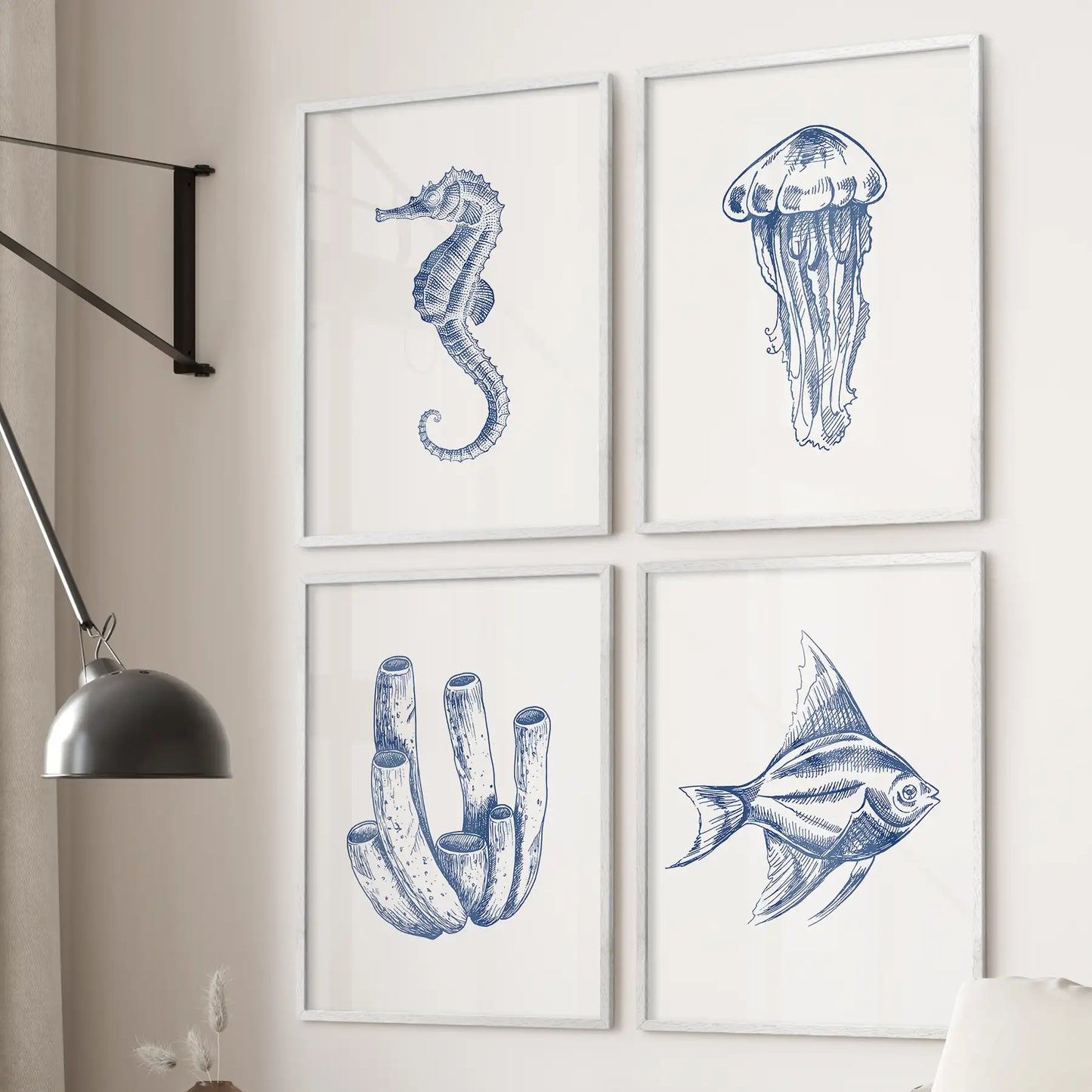 Blue Coastal Artwork. Set of 4 Posters. Jellyfish, Fish Print