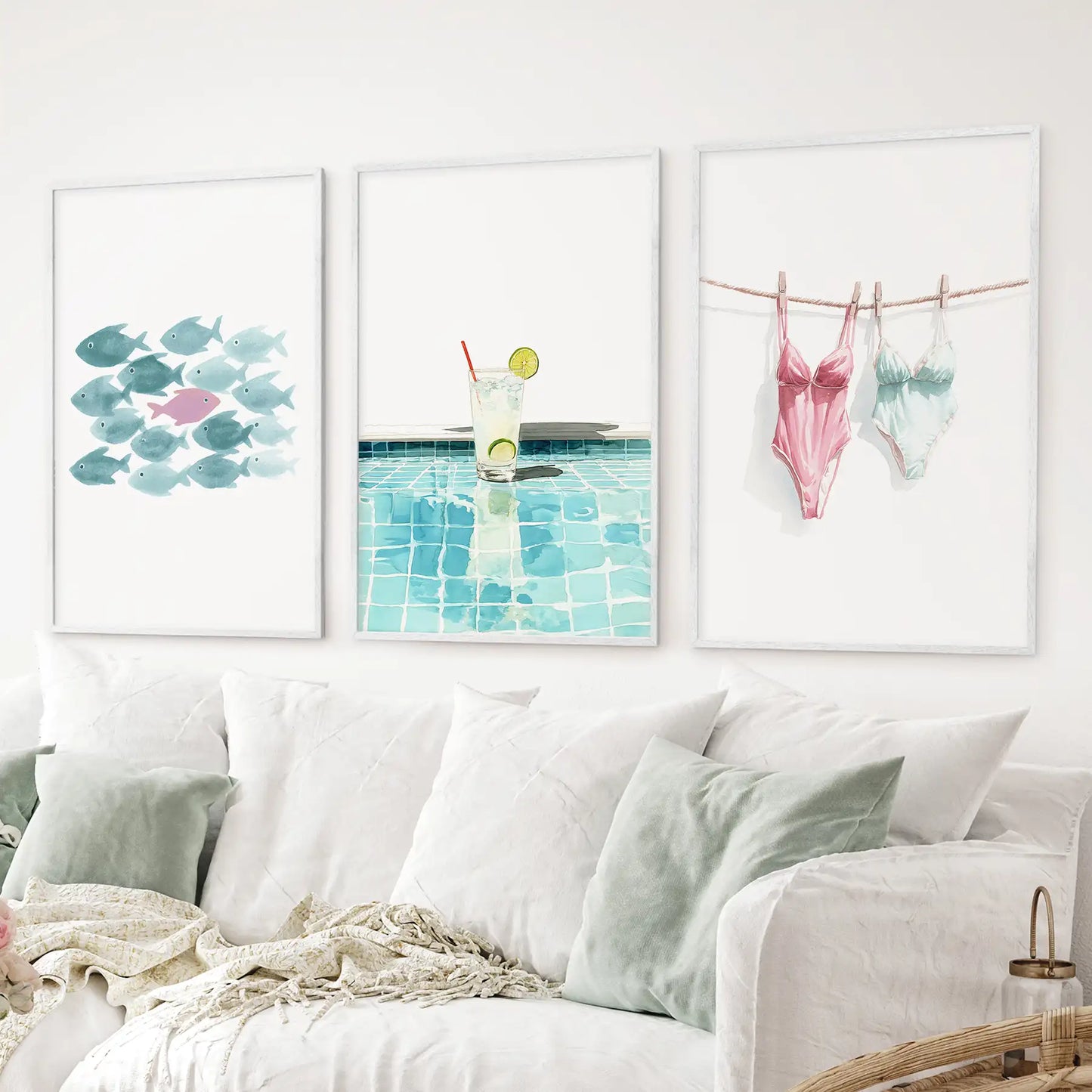 Summer Wall Art Set of 3. Poolside Party Watercolor Prints