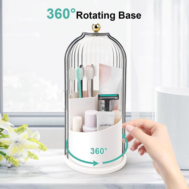 Tiktok Viral Bathroom Organizer with Sliding Lid Christmas Gift Idea,Rotating Toothbrush Holder with Sliding Lid 3 Slots,Bathroom Counter Organizer for Makeup Brushes and Toothbrush,No-Drill Bathroom Storage,Water-Resistant Organizer,White