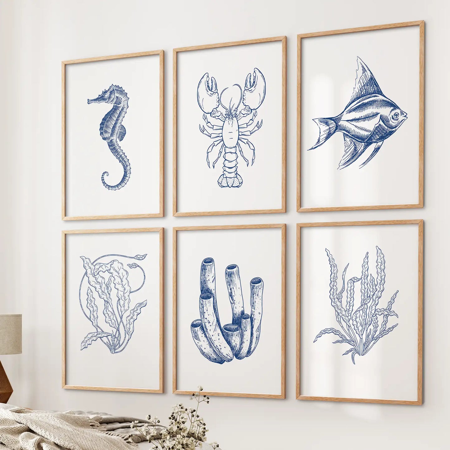 Set of 6 Nautical Prints. Fish, Lobster, Seahorse, Seaweed