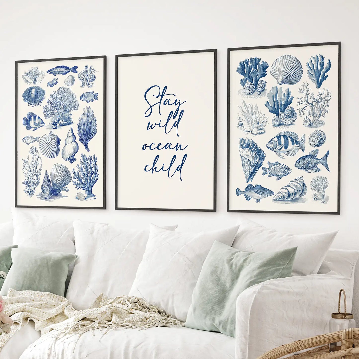 Coastal Sea Life Prints. Blue Sea Shells and Fish Print Set