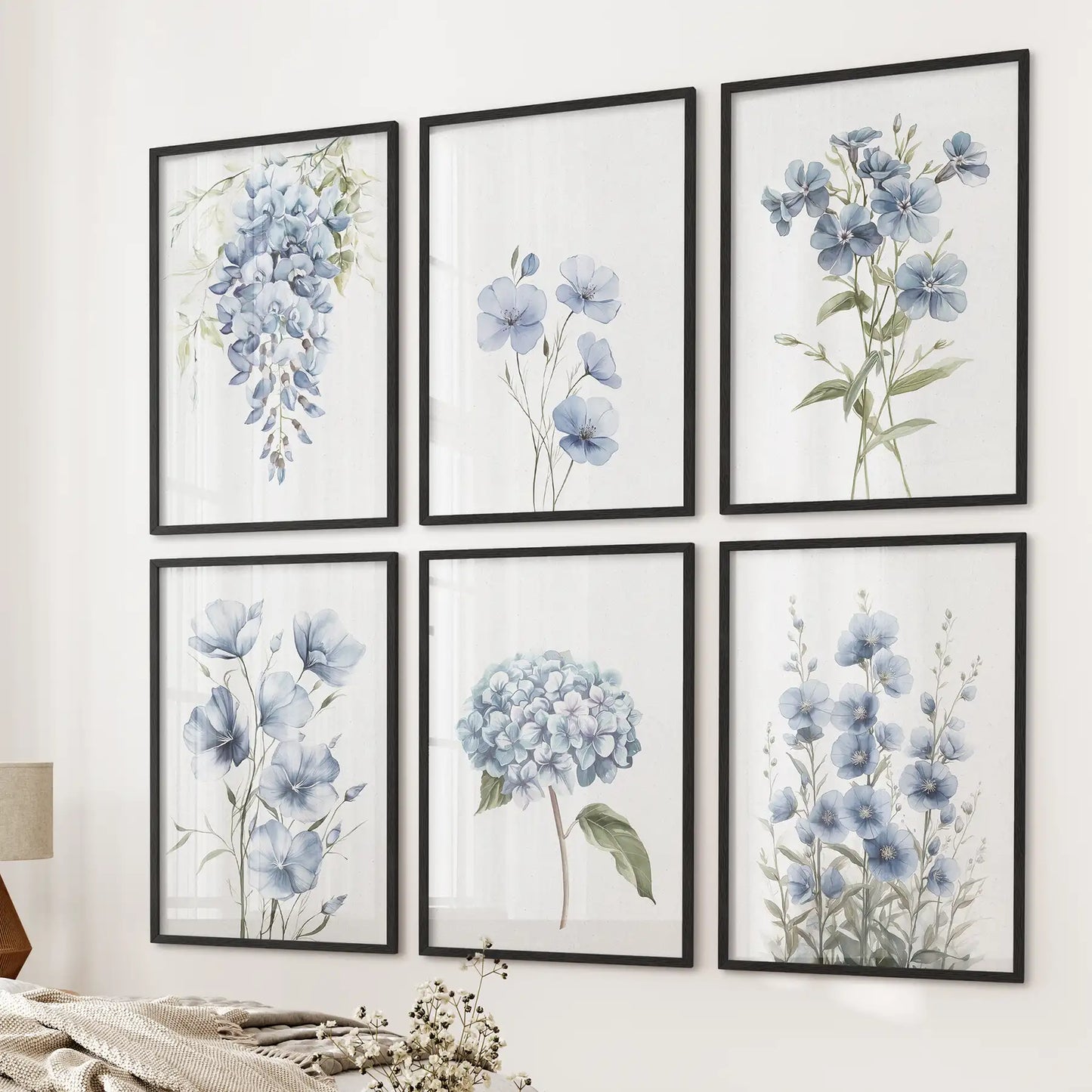 Blue Hydrangea, Wisteria, Flax Flowers Art. Set of 6 Prints