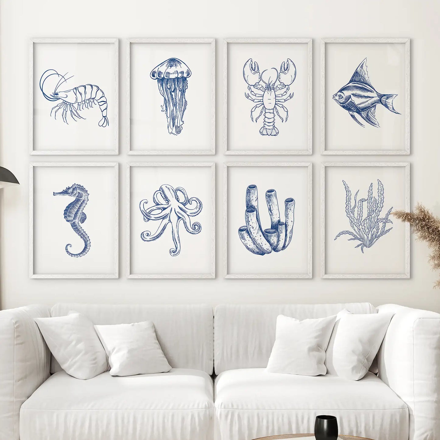 Blue Sea Life Wall Art. Set of 8 Nautical Ocean Animal