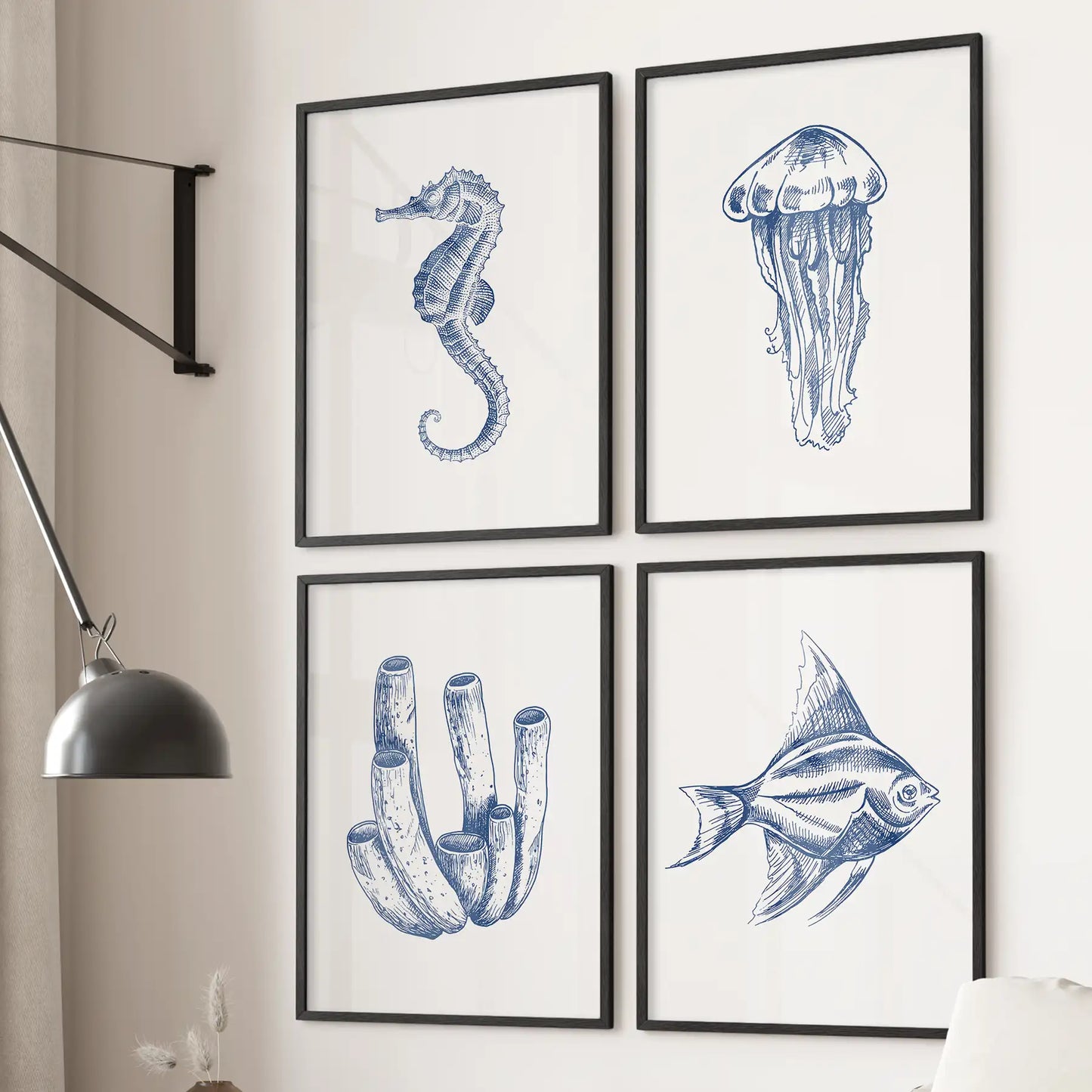 Blue Coastal Artwork. Set of 4 Posters. Jellyfish, Fish Print