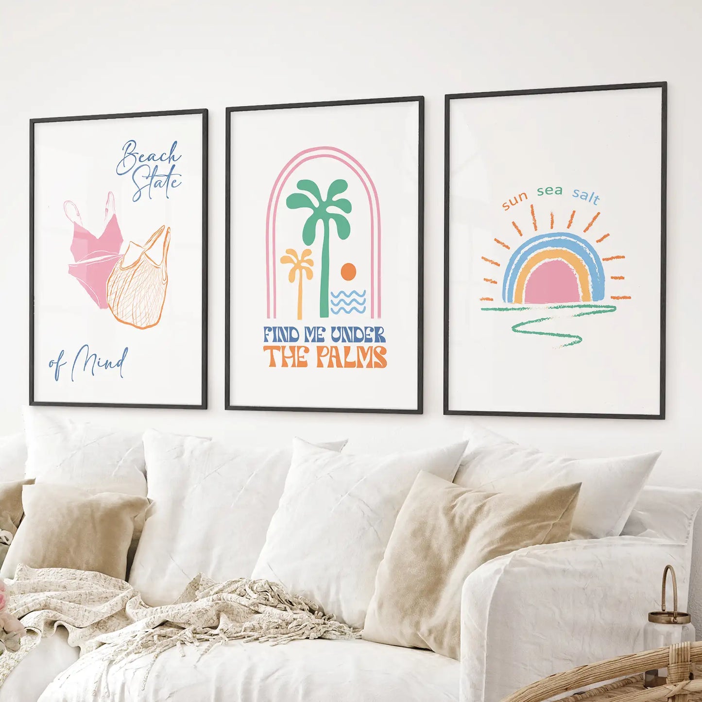 Coastal Summer Vibes Wall Decor. Palm Sunset Poster Set of 3