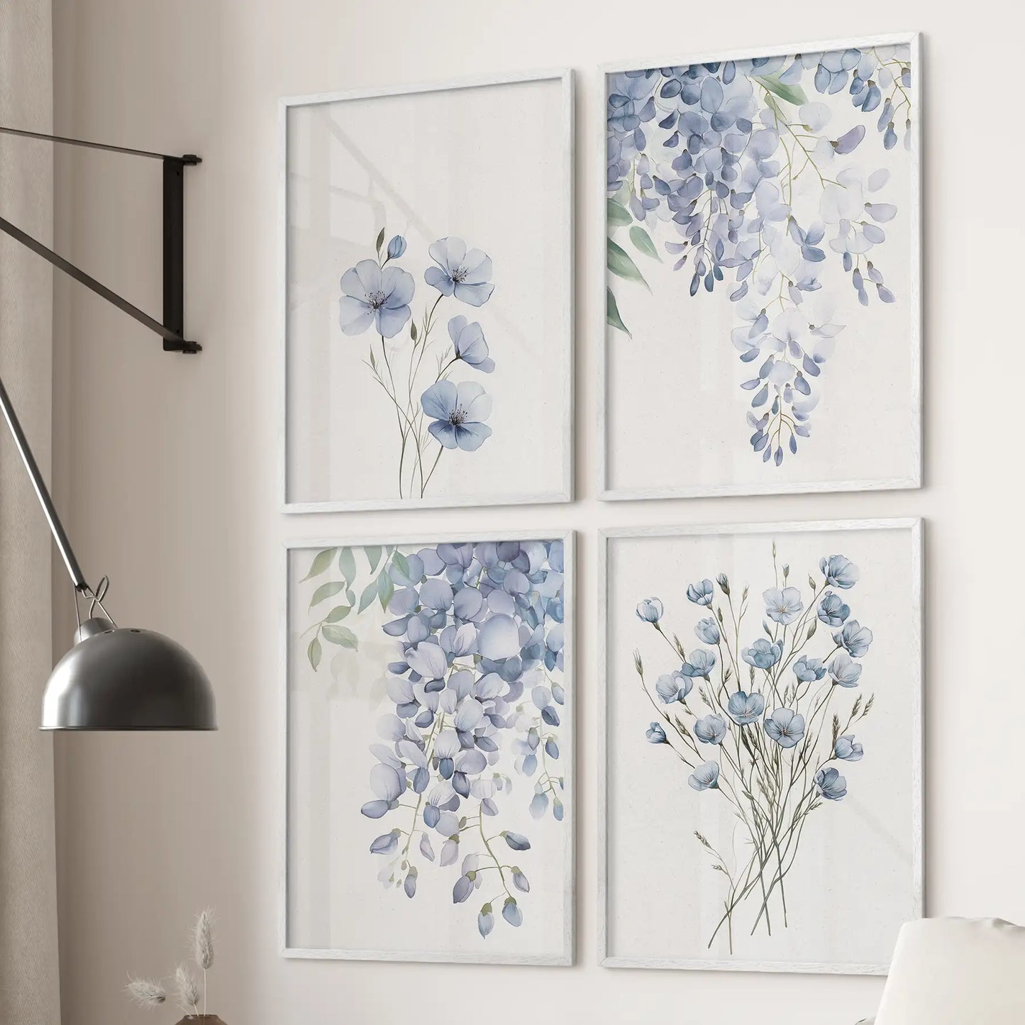 Blue Floral Wall Art Set of 4. Watercolor Wisteria Print