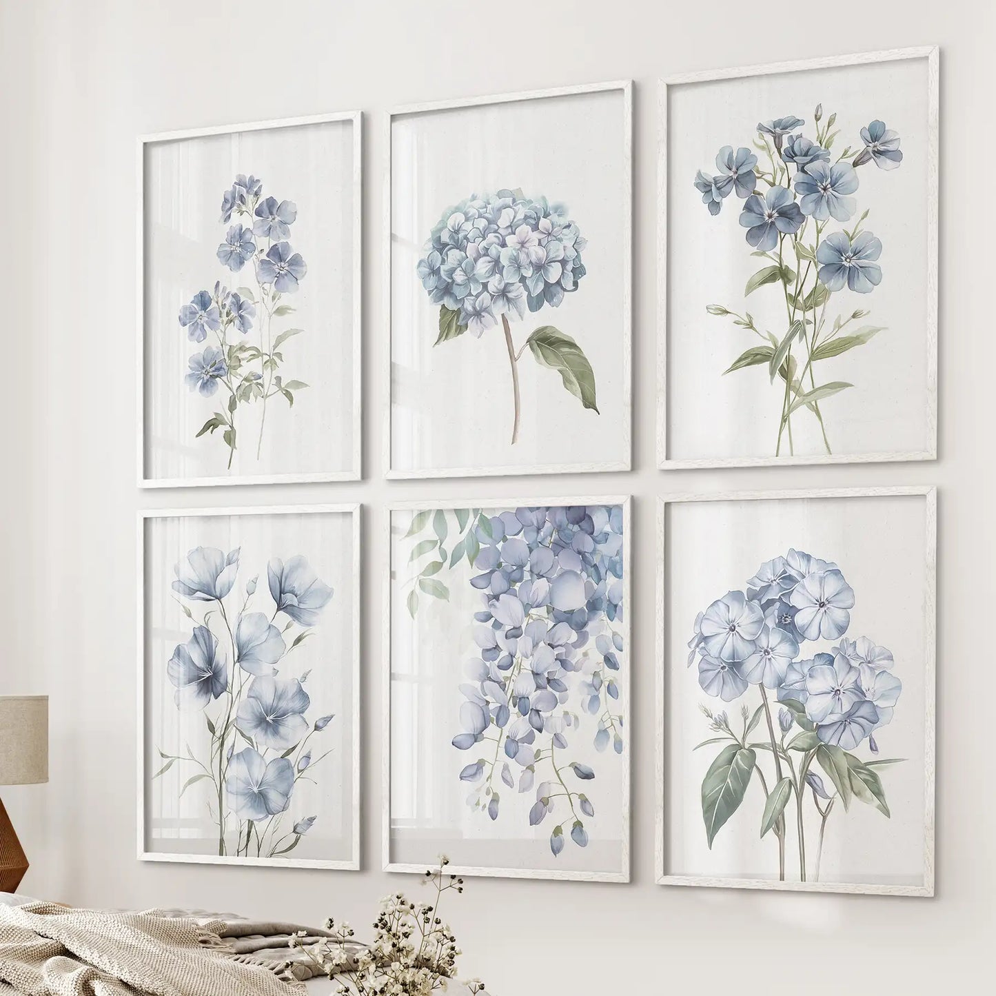 Watercolor Hydrangea, Wisteria Wall Art. Set of 6 Prints