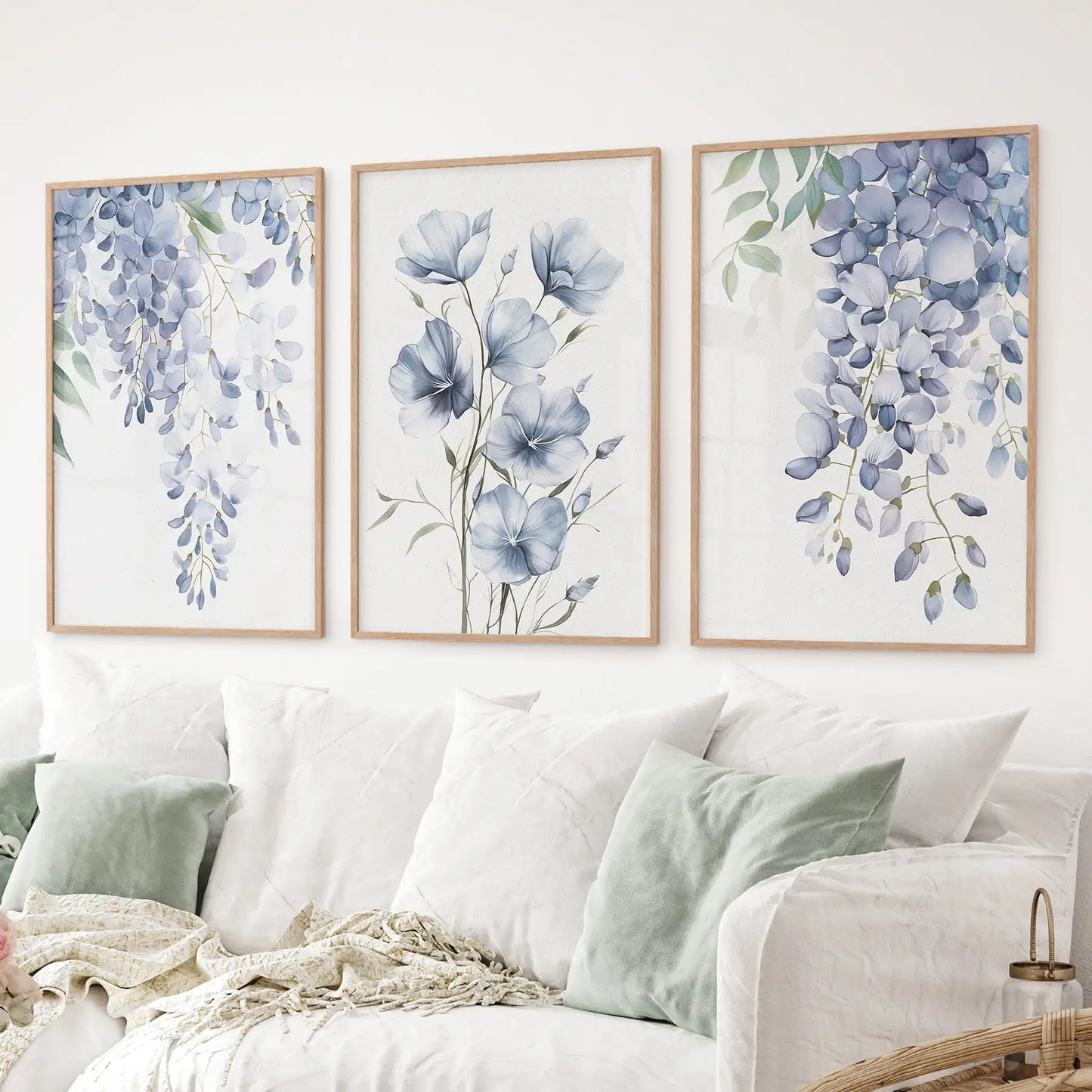 Blue Wall Art Set of 3. Wisteria, Flax Botanical Prints
