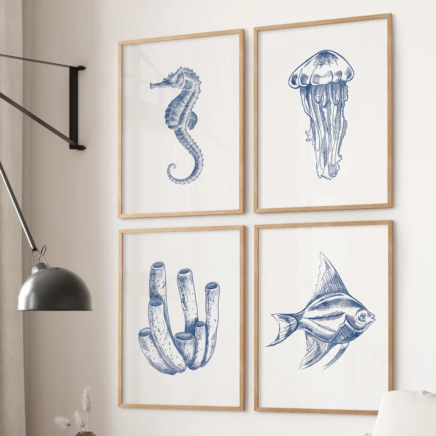 Blue Coastal Artwork. Set of 4 Posters. Jellyfish, Fish Print