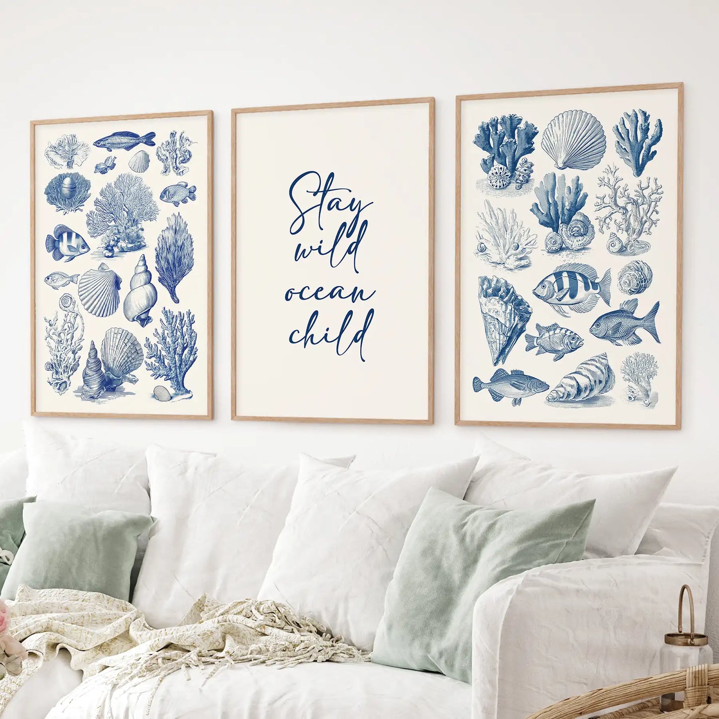 Coastal Sea Life Prints. Blue Sea Shells and Fish Print Set