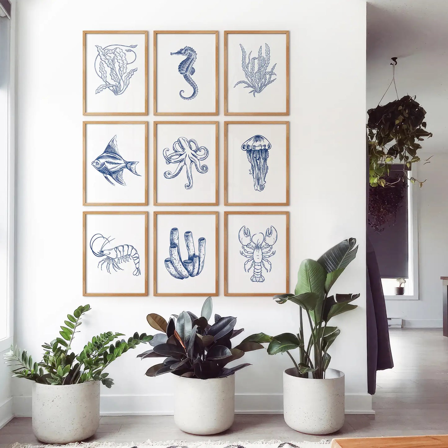 Coastal Nautical Set of 9. Navy Blue Sea Life Prints