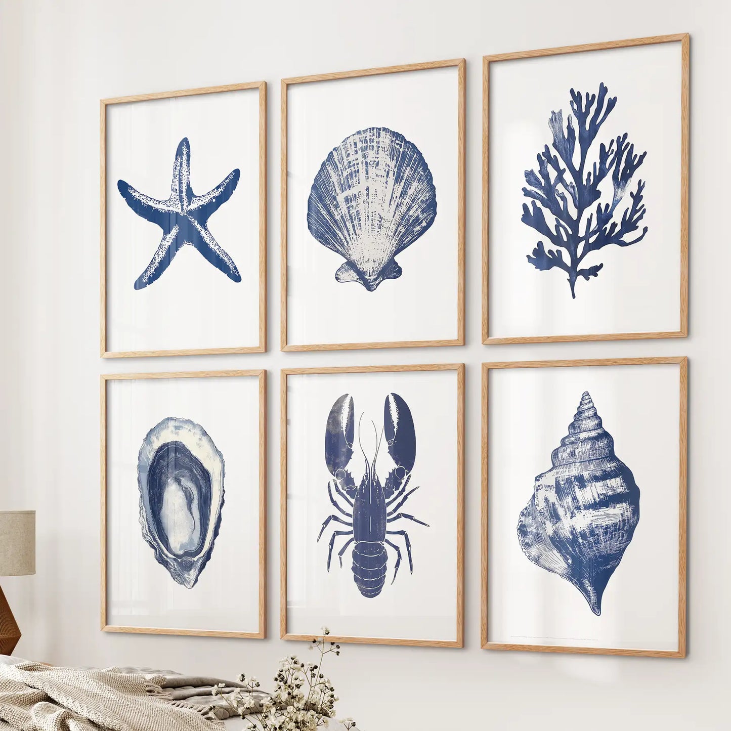 Coastal Set of 6 Art Prints. Shell, Lobster, Starfish, Seaweed