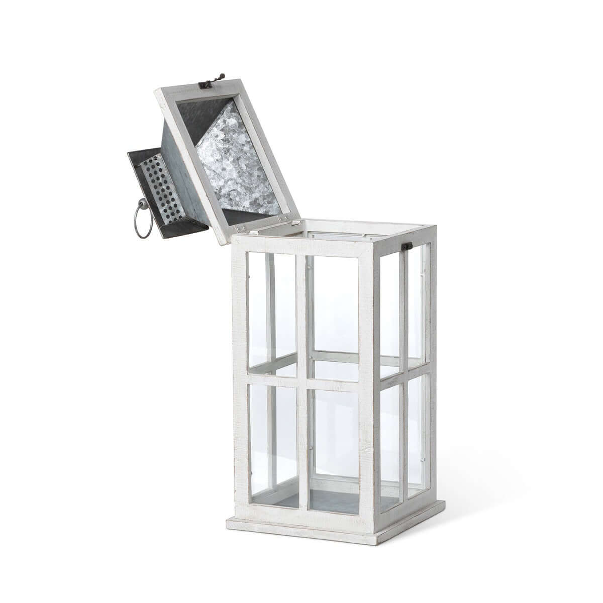 Coastal Whitewash Wood and Glass Lantern with Galvanized Metal Top