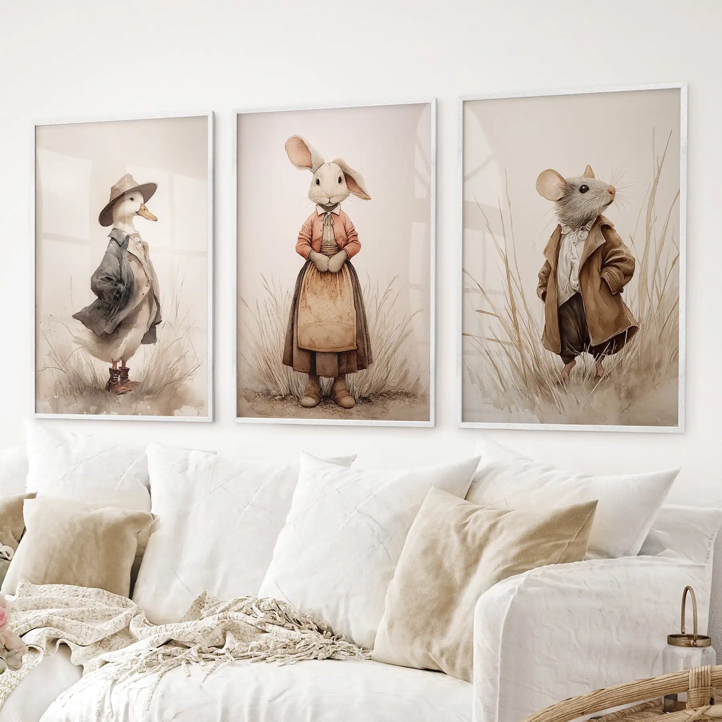 Whimsical Animal Wall Art. Dug & Mouse Set 3 Vintage Prints