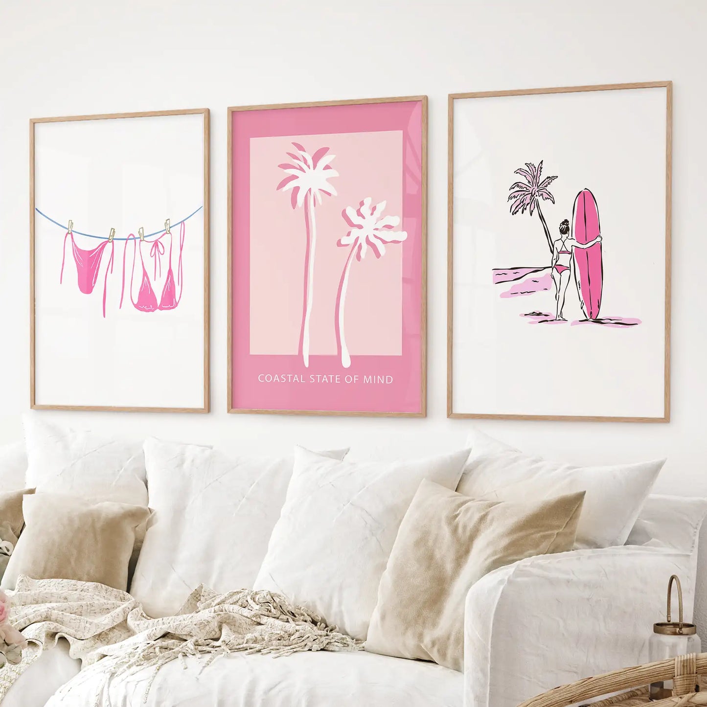 Beach House 3 Piece Girly Wall Art: Pink Palm, Surfer Prints