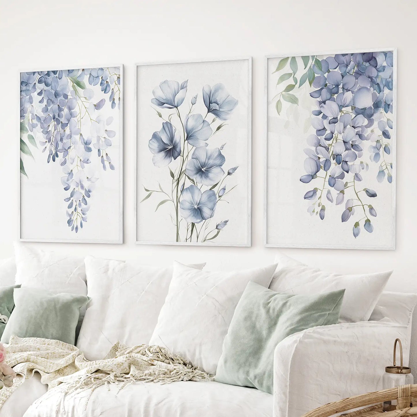 Blue Wall Art Set of 3. Wisteria, Flax Botanical Prints