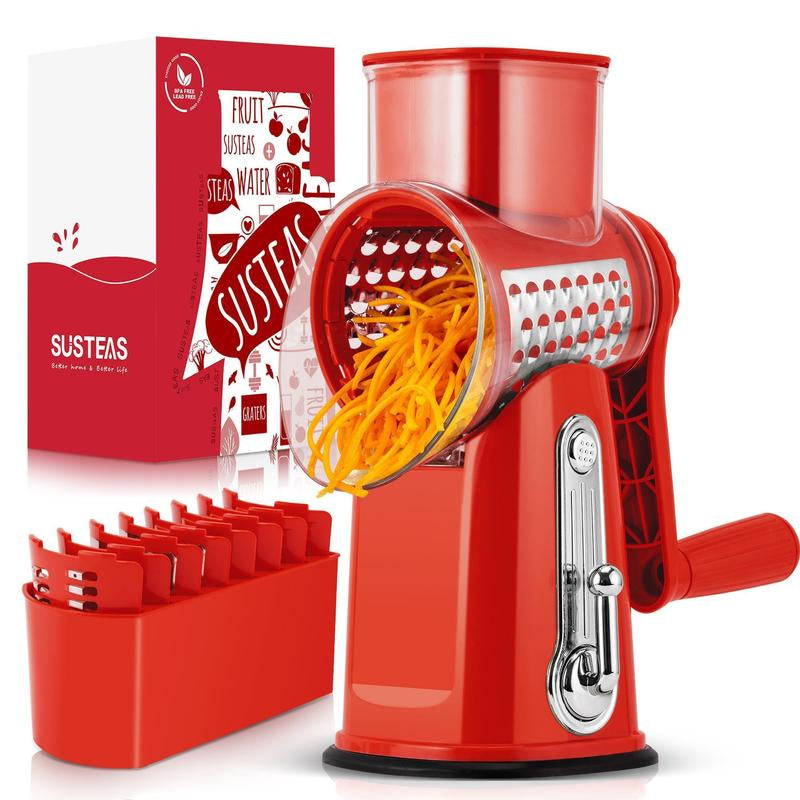 SUSTEAS Rotary Cheese Grater with Handle, 5 Well-Designed Blades, Strong Suction Cup Base, Kitchen Utensils