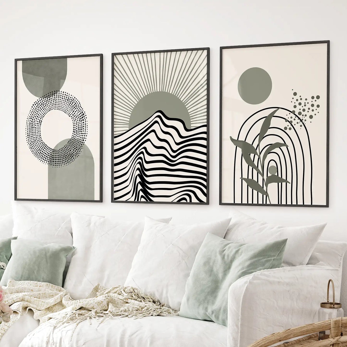 Boho Sage Green 3 Piece Wall Art. Mid-Century Art Prints for Living Room