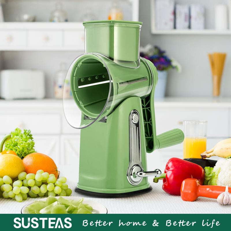 SUSTEAS Rotary Cheese Grater with Handle, 5 Well-Designed Blades, Strong Suction Cup Base, Kitchen Utensils