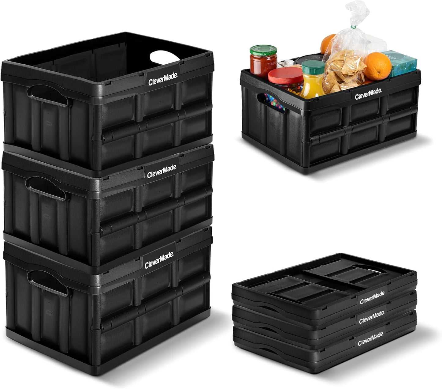 Collapsible Storage Bins - Black 3 Pack 32L - Stackable Containers Heavy Duty Capacity Folding Crates - Space-Saving for Home