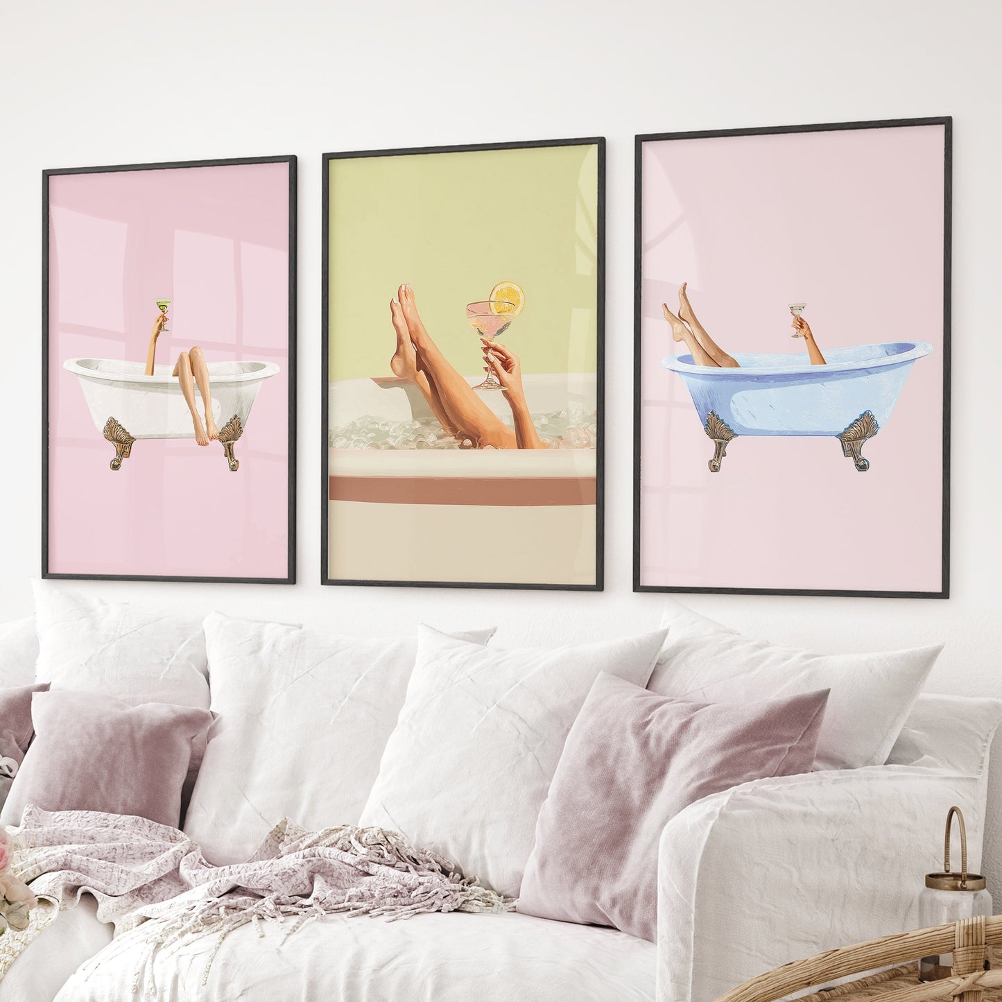 Relaxing Bathtub Prints with Cocktails. Set of 3 Prints