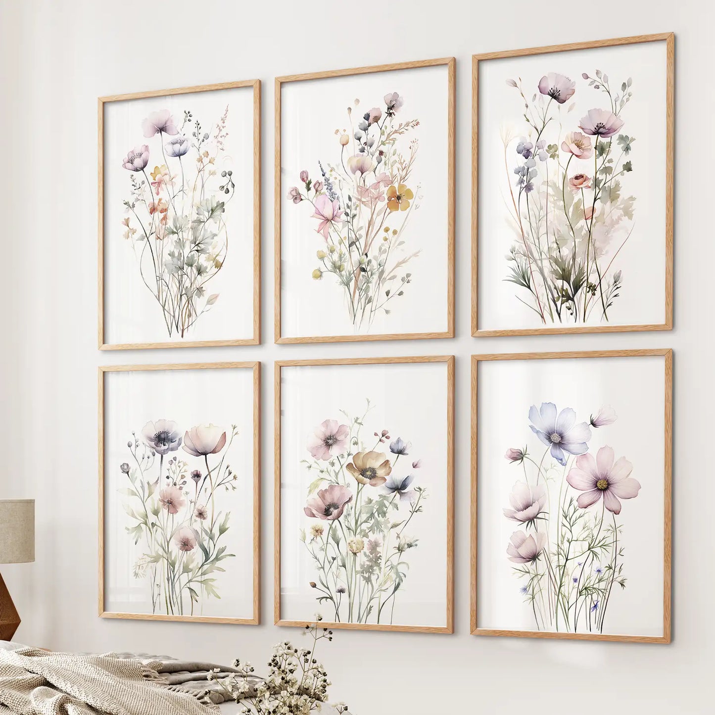 Botanical Watercolor 6 Piece Art Set. Meadow Flowers Prints for Bedroom