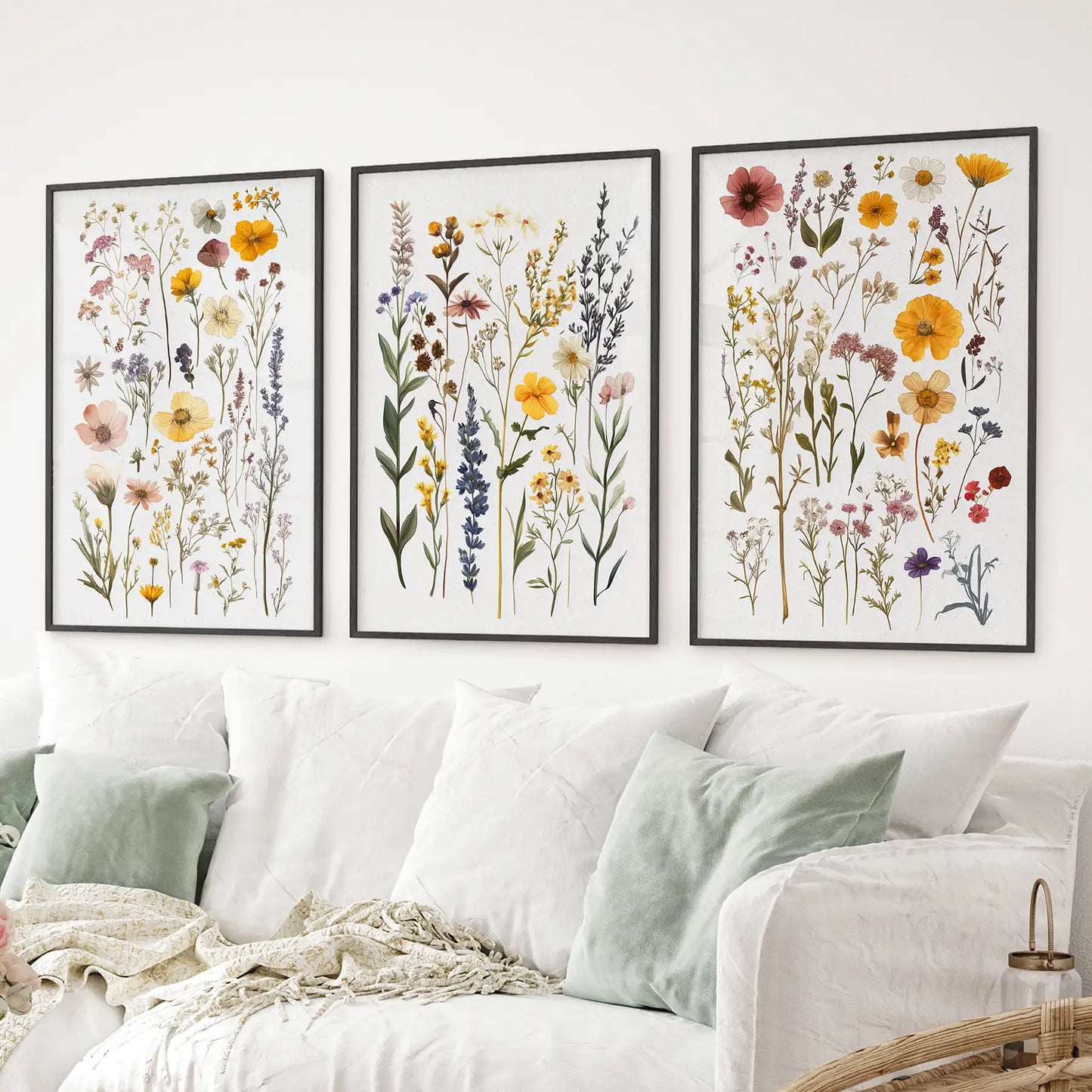 Boho Floral 3 Piece Wall Art. Pressed Flowers Print Set