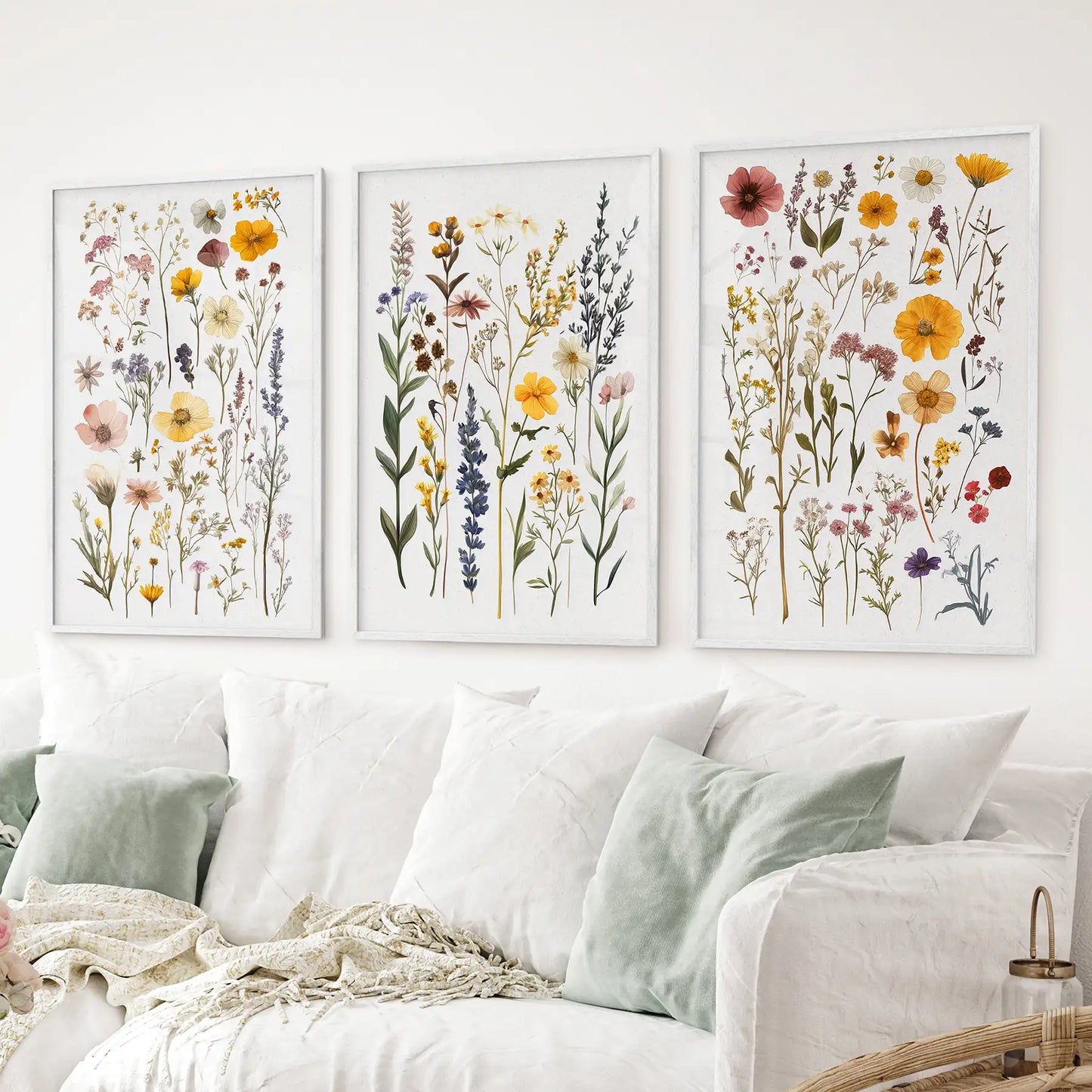 Boho Floral 3 Piece Wall Art. Pressed Flowers Print Set