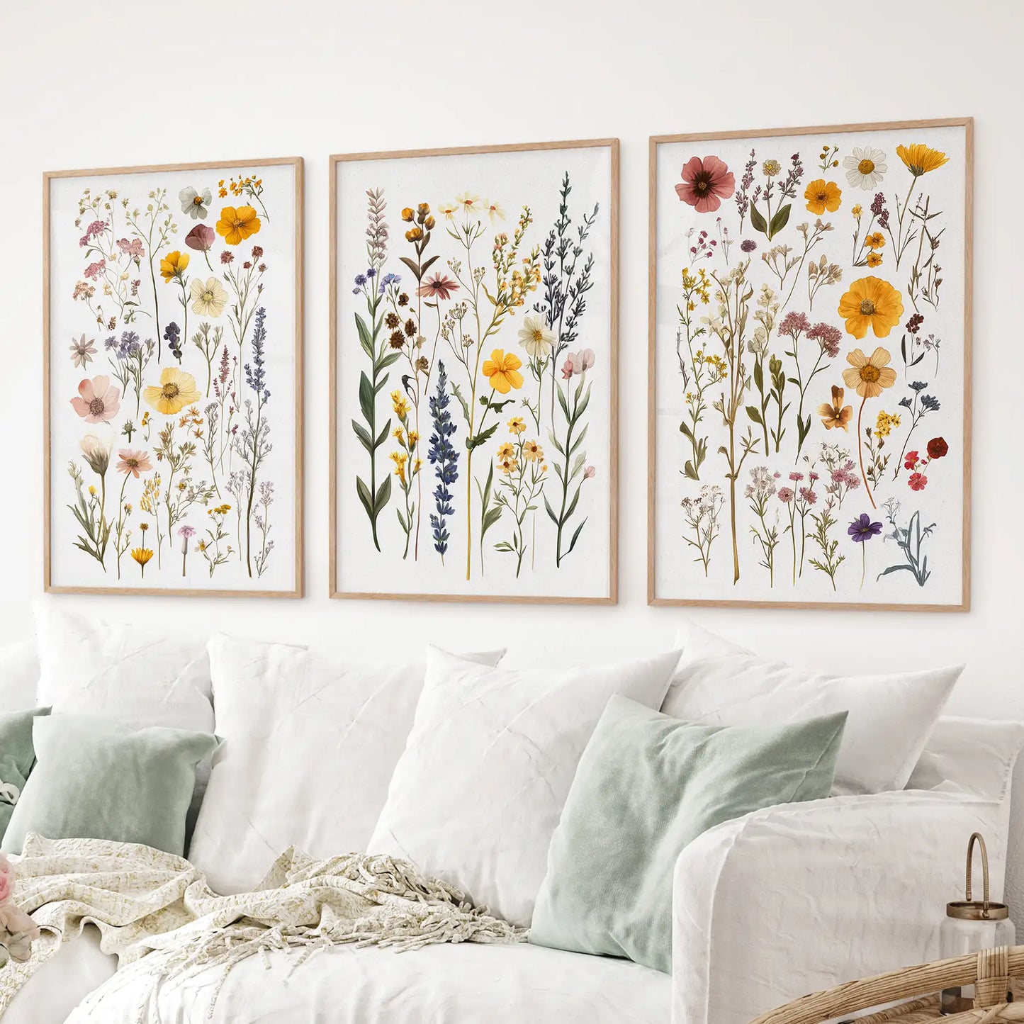 Boho Floral 3 Piece Wall Art. Pressed Flowers Print Set