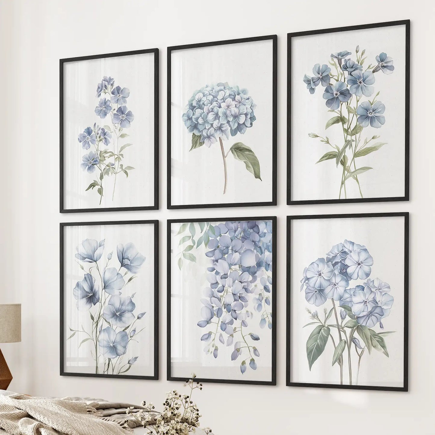 Watercolor Hydrangea, Wisteria Wall Art. Set of 6 Prints
