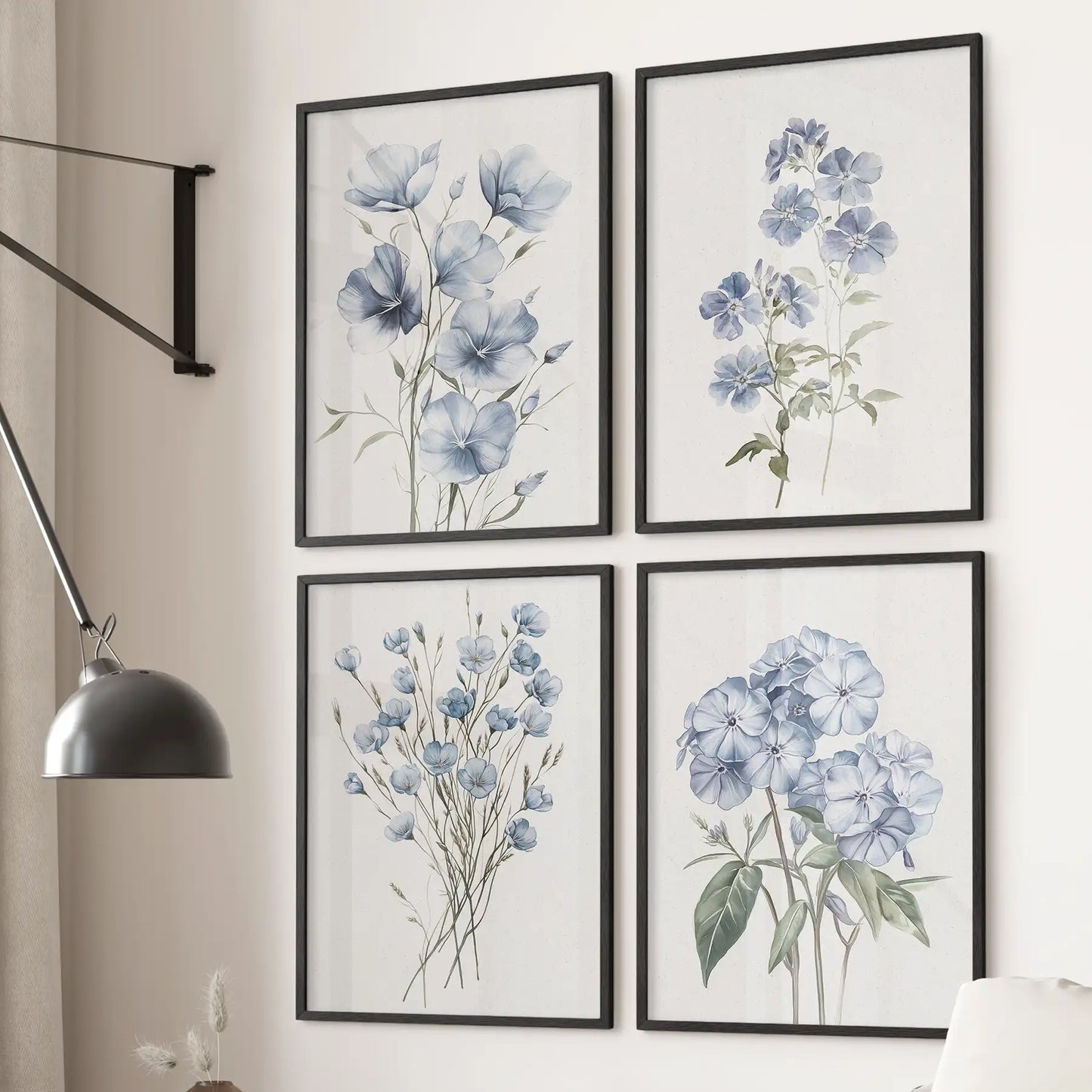 Blue Botanical Wall Art Set of 4 Prints. Flax, Phlox Flowers