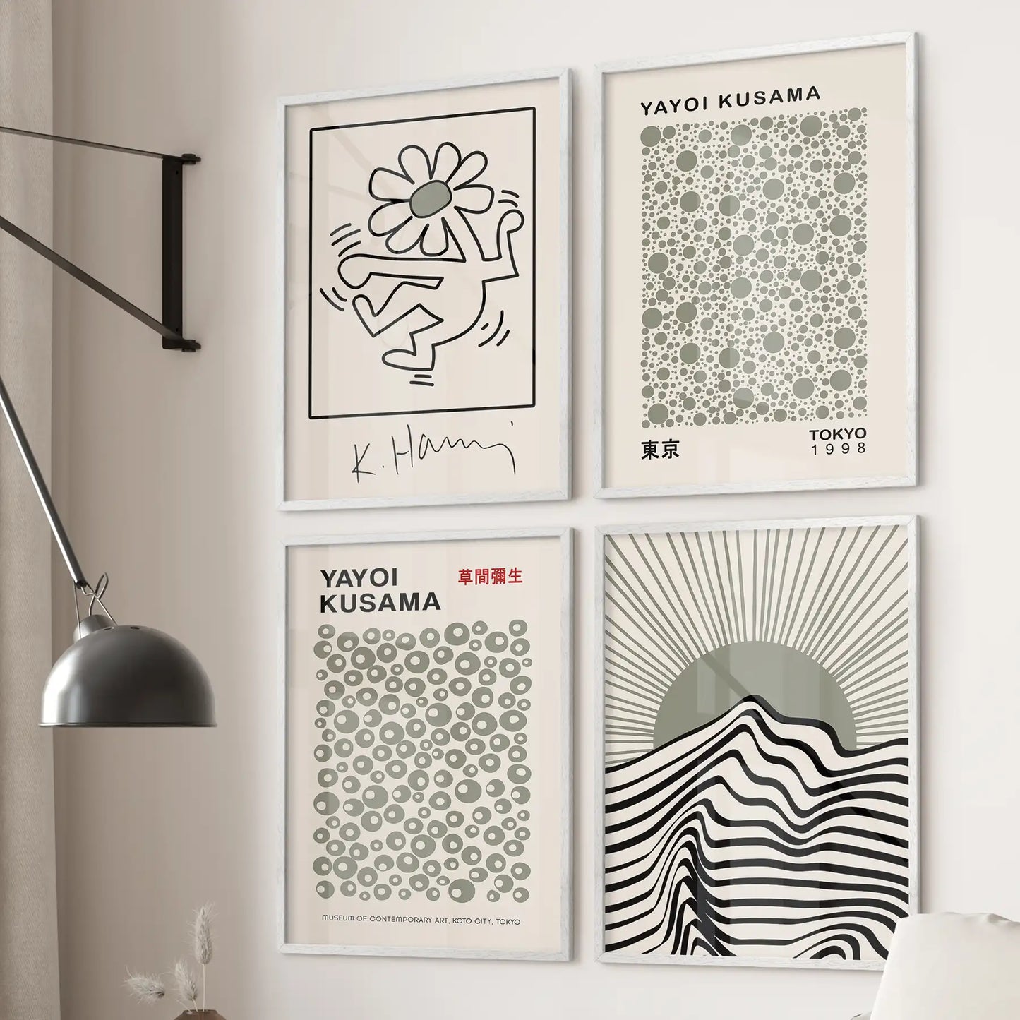 Boho Modern Abstract Set of 4 Prints. Kusama, Haring, Bauhaus