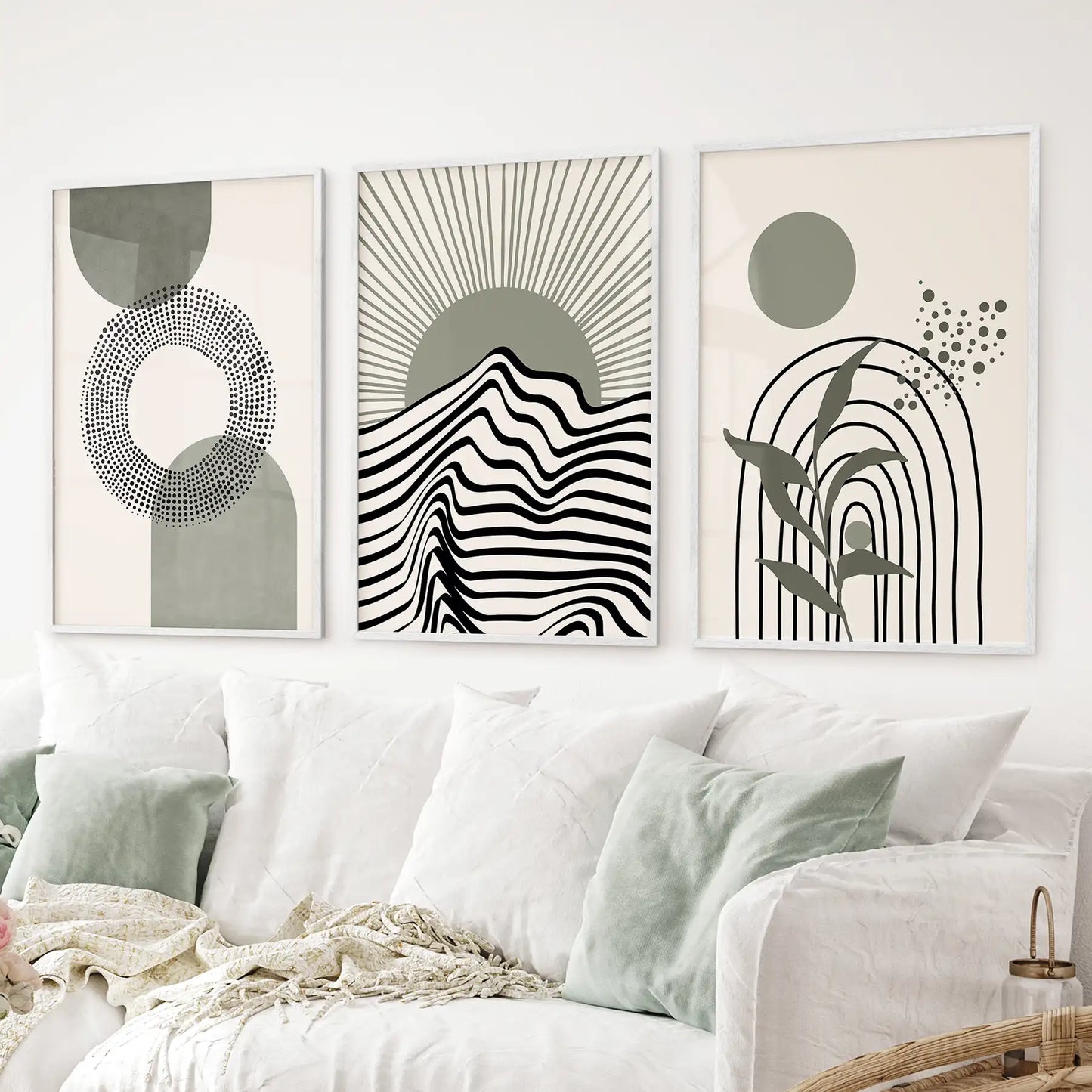 Boho Sage Green 3 Piece Wall Art. Mid-Century Art Prints for Living Room