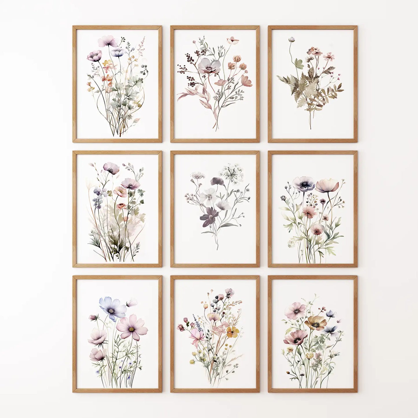 Soft Botanical Watercolor Set of 9 Prints. Wildflower Wall Art