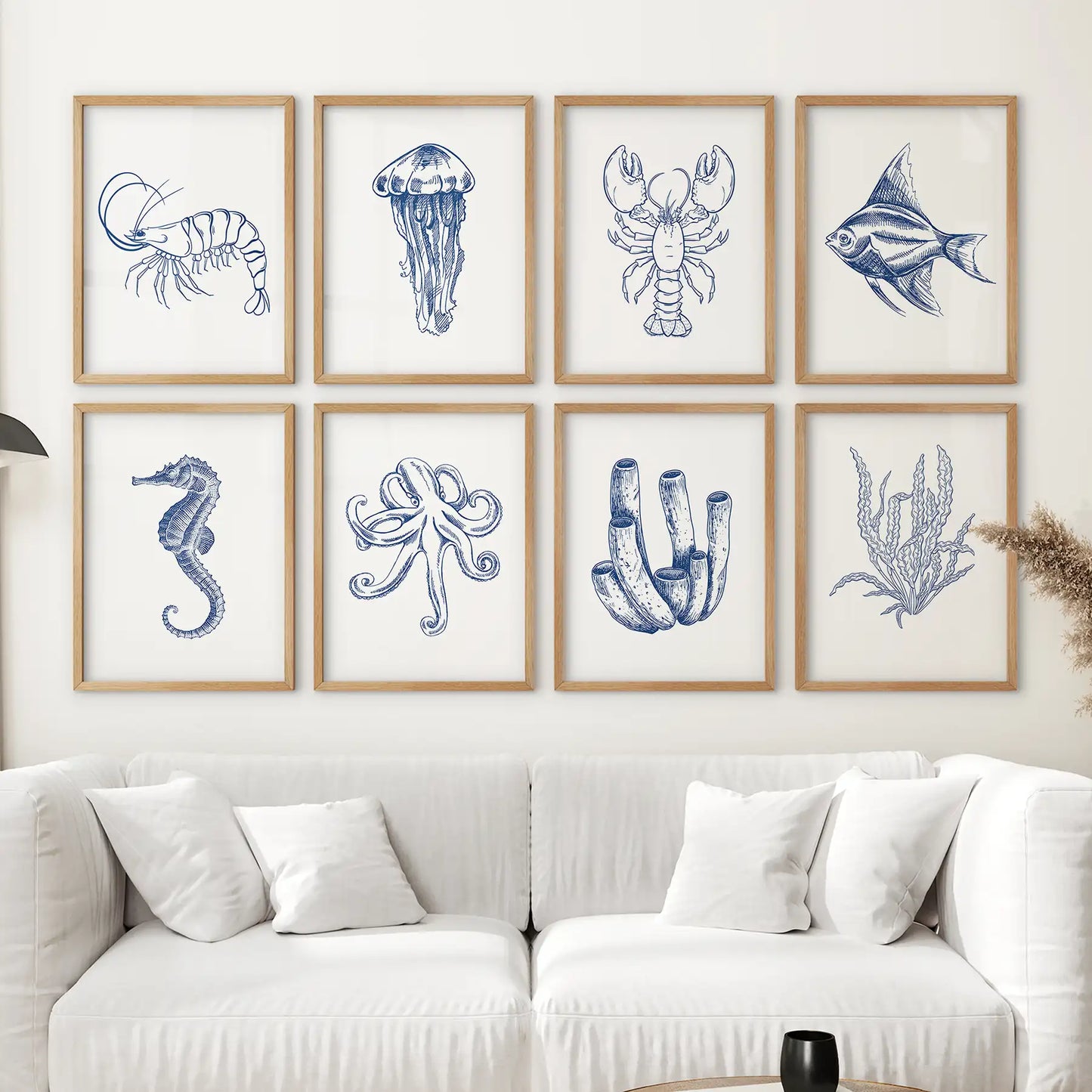 Blue Sea Life Wall Art. Set of 8 Nautical Ocean Animal
