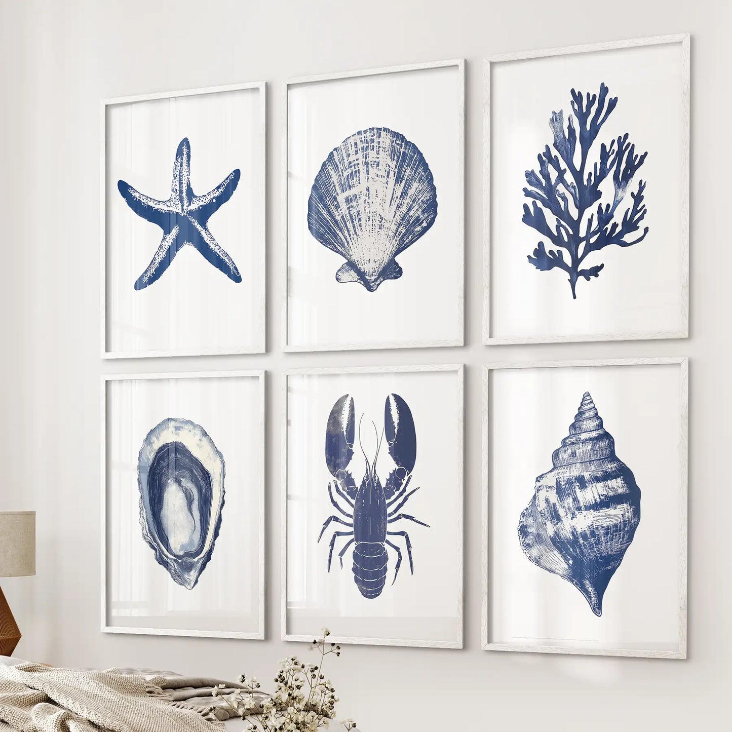 Coastal Set of 6 Art Prints. Shell, Lobster, Starfish, Seaweed