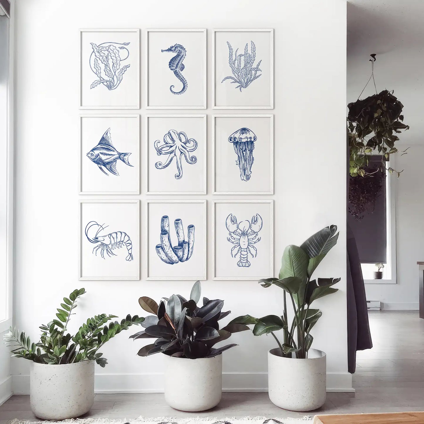 Coastal Nautical Set of 9. Navy Blue Sea Life Prints