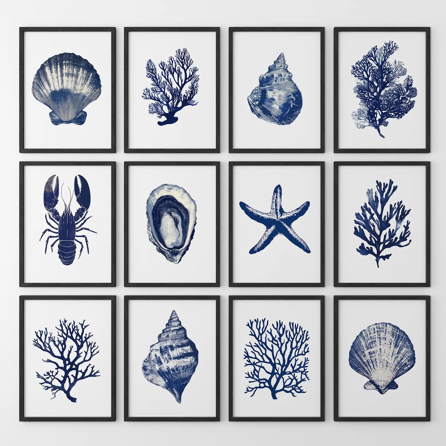 Bundle Coral, Shell, Lobster Wall Art. Set of 12 Artwork