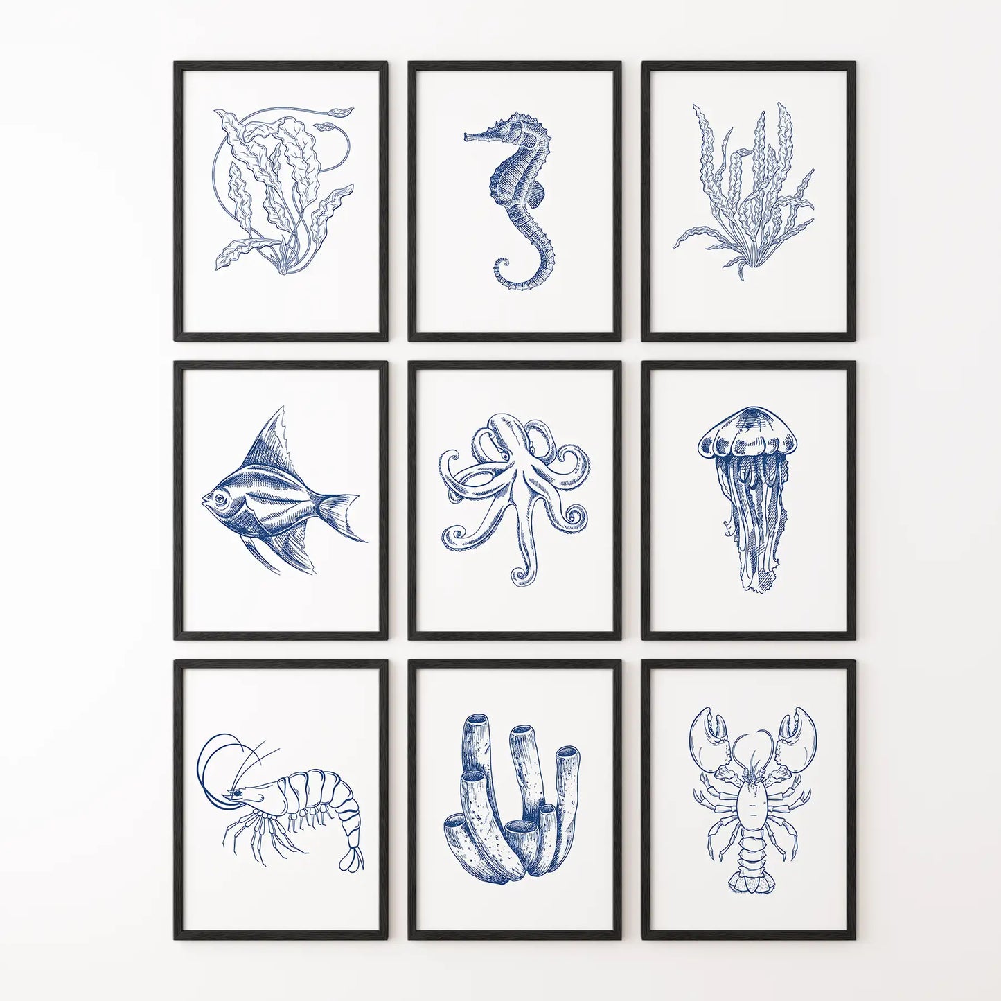 Coastal Nautical Set of 9. Navy Blue Sea Life Prints