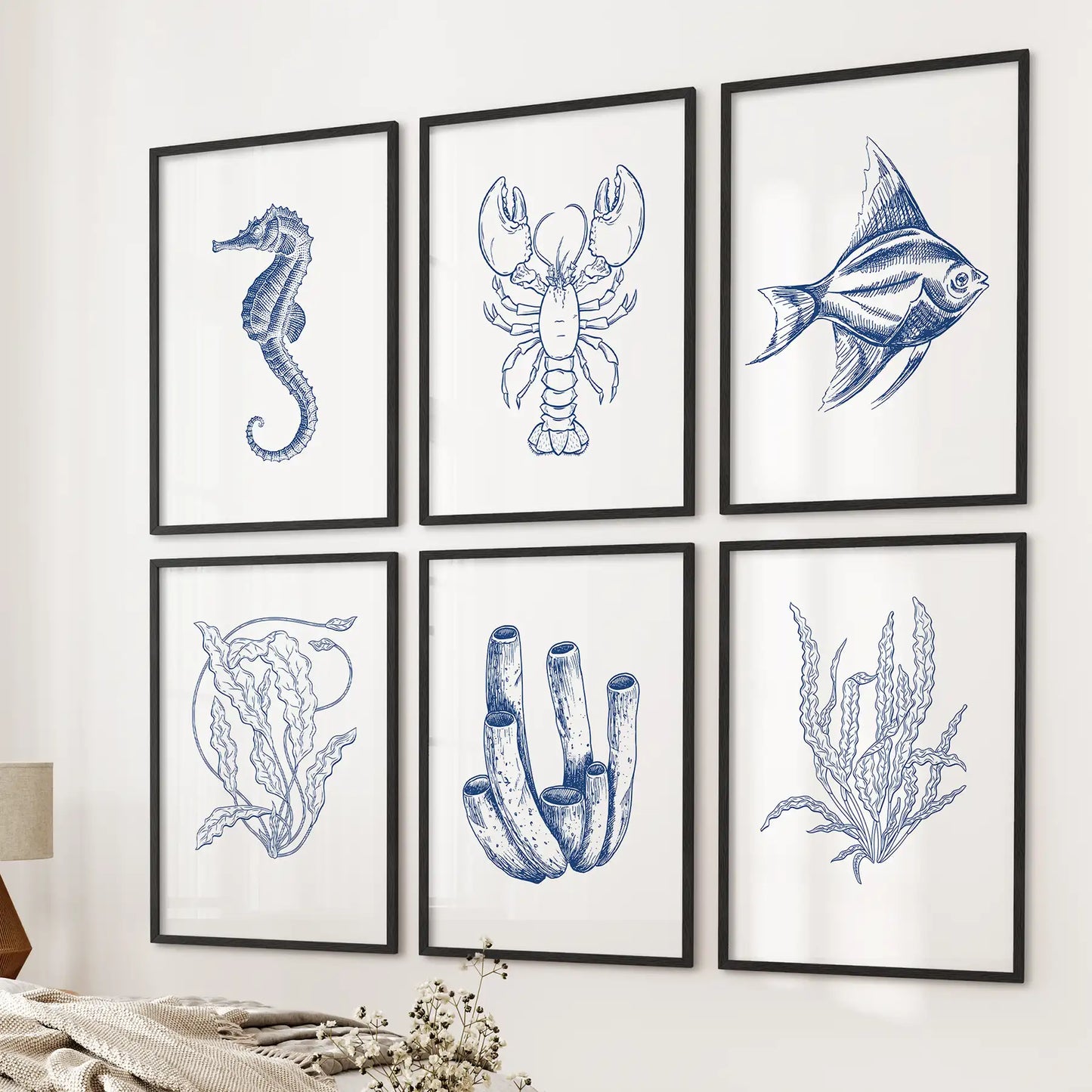 Set of 6 Nautical Prints. Fish, Lobster, Seahorse, Seaweed